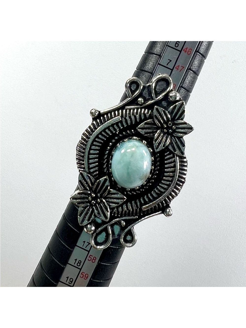 Larimar 925 Large Floral Design Gemstone Ring size 6.5